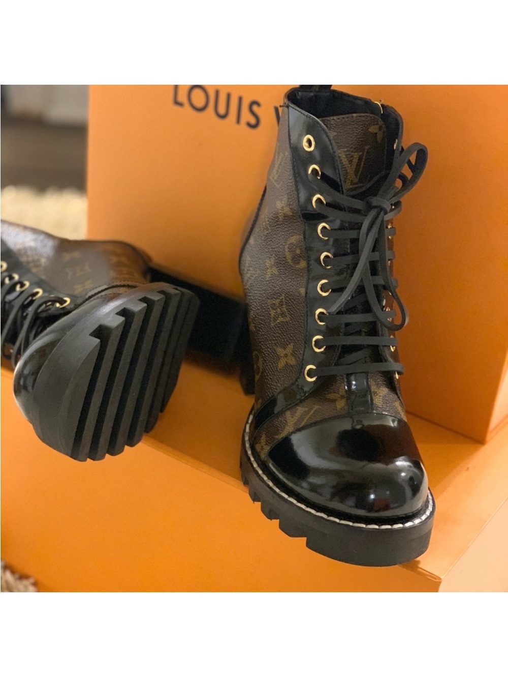 Louis Vuitton Brown Monogram & Black Leather Lace-Up Platform Boot - Picture 2 of 3
